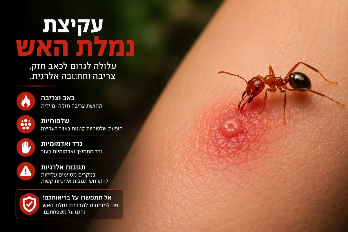 עקיצת נמלת האש בעור וסימני אודם מקומי