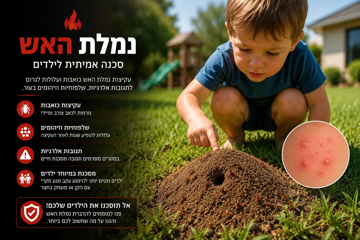 נמלת האש וילדים בחצר עם סימני עקיצות בגינה