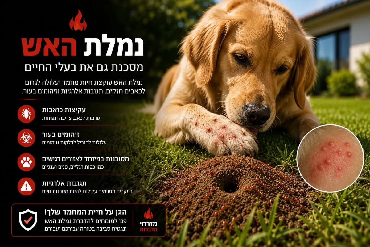 נמלת האש וחיות מחמד כלב בגינה ליד קן נמלים